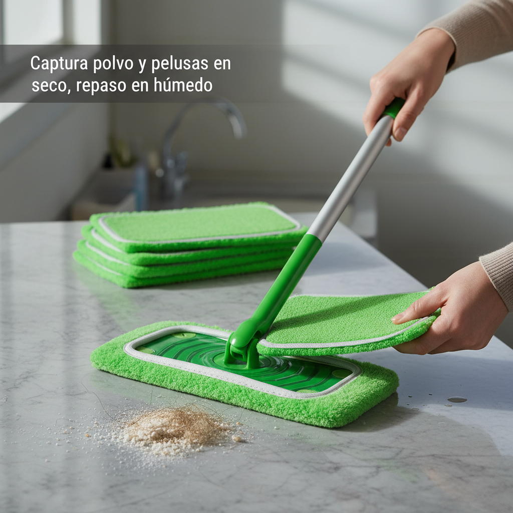 Captura polvo y pelusas en seco, repaso en húmedo